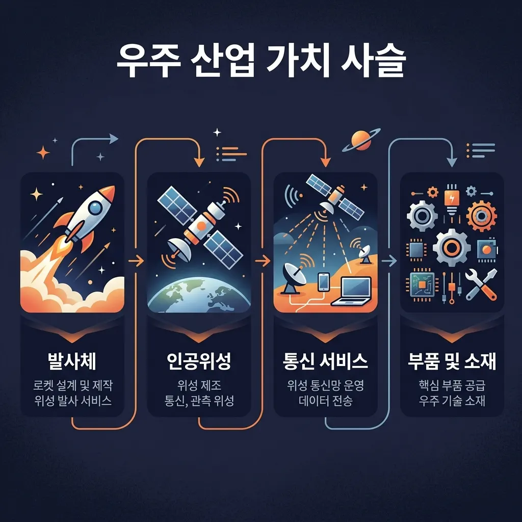 우주항공 산업을 발사체·위성·위성통신·부품 네 단계로 구분한 도식