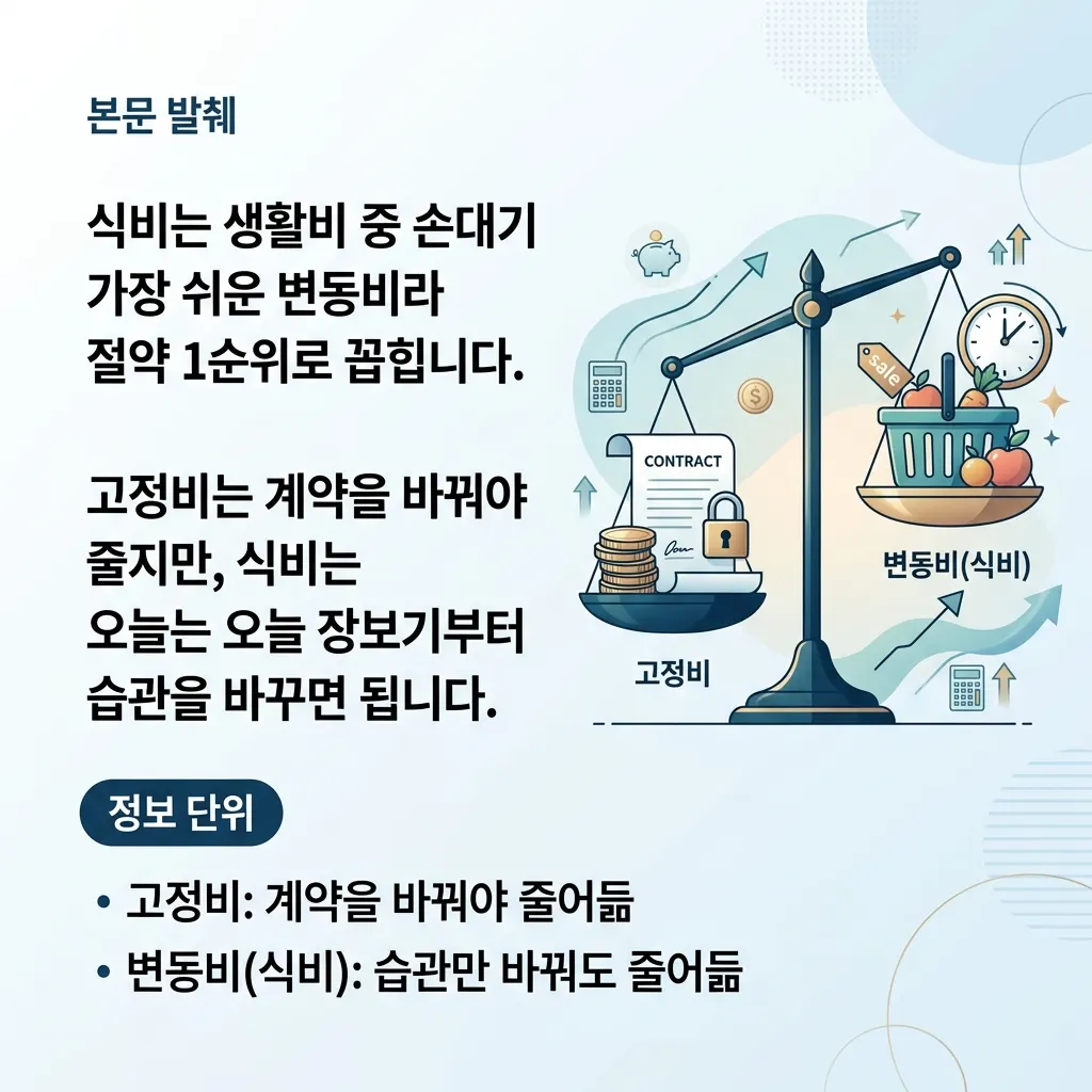 고정비와 달리 식비는 습관을 바꾸면 바로 줄어드는 변동비임을 보여주는 비교 도식