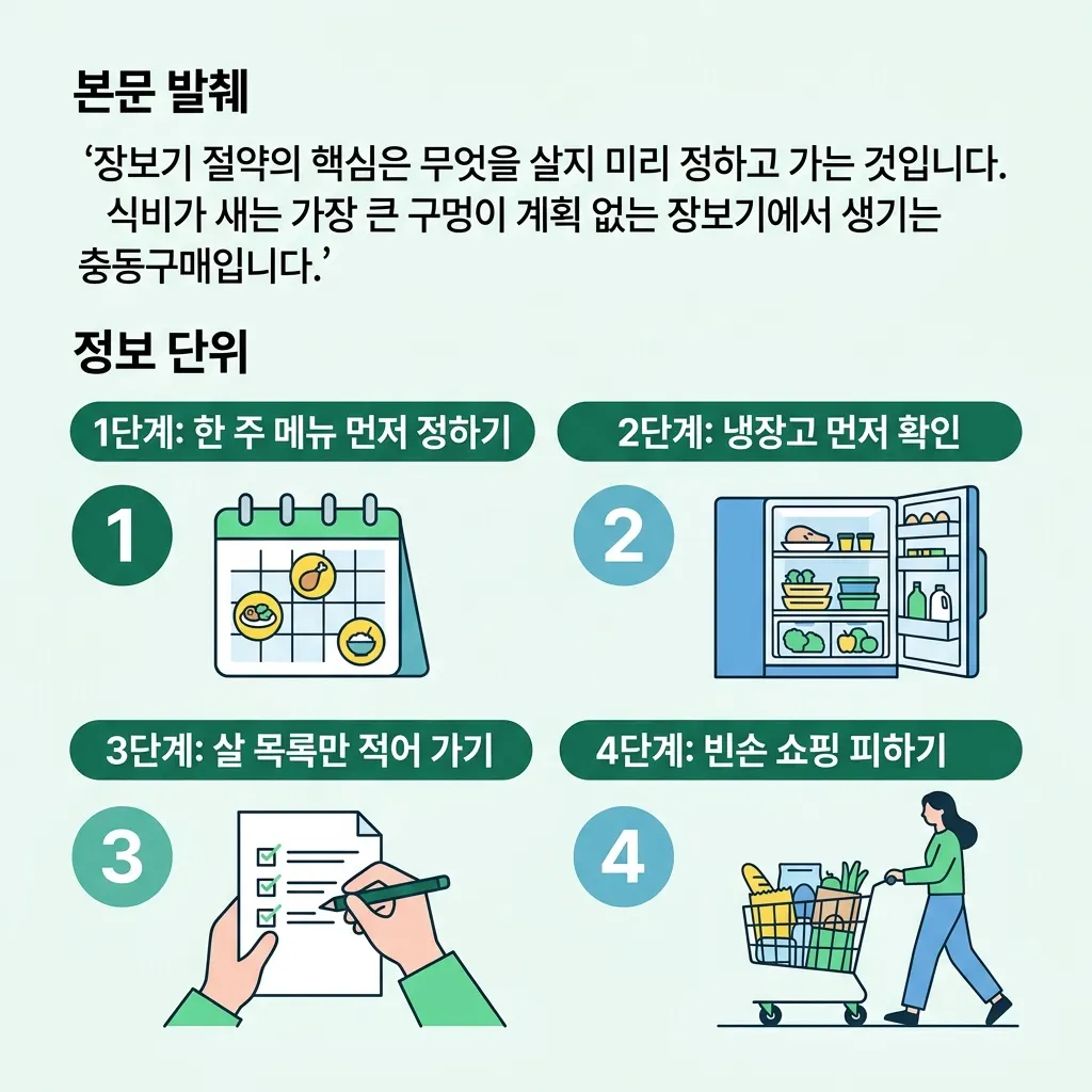메뉴 정하기 목록 작성 빈손 쇼핑 금지 등 충동구매를 줄이는 장보기 습관 순서도