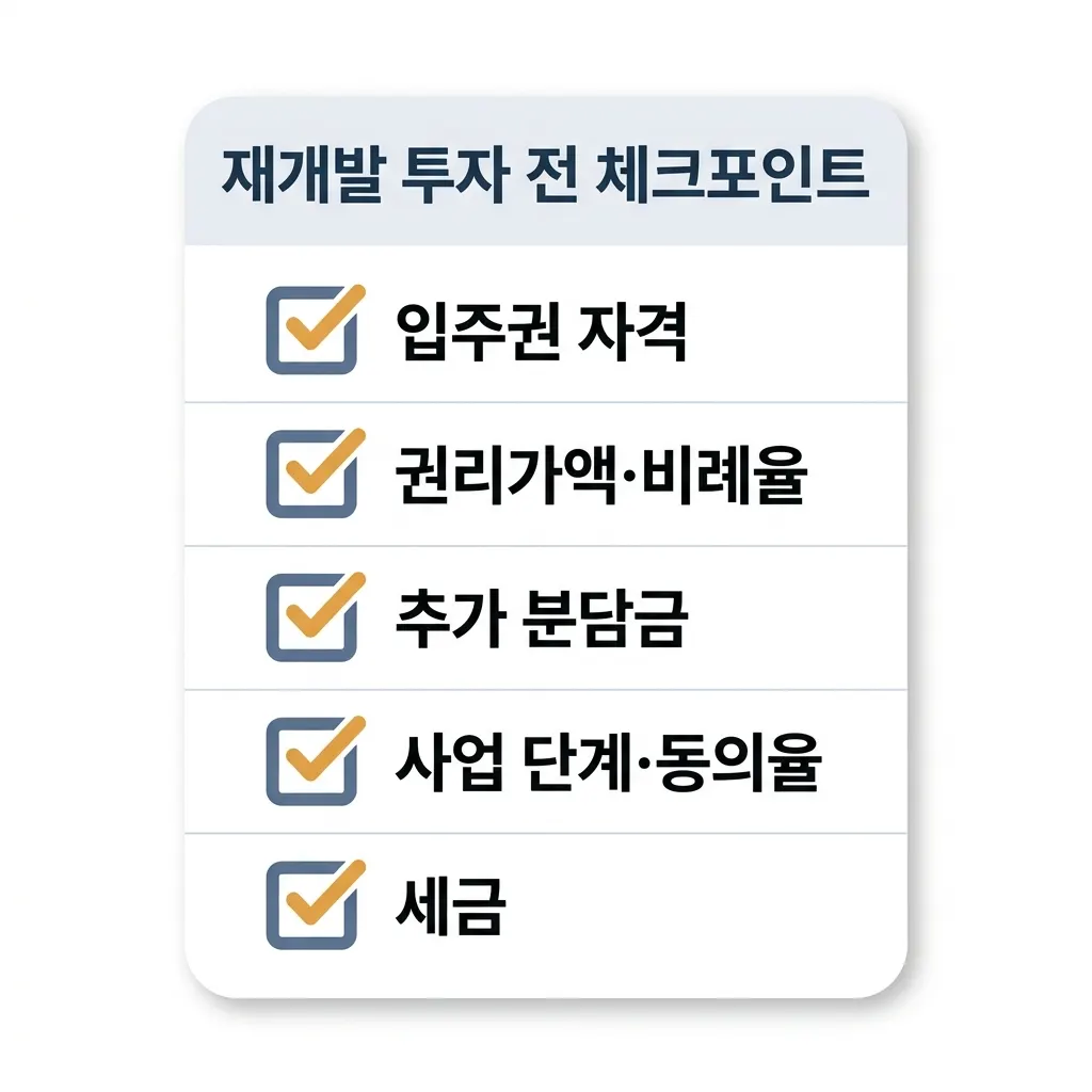 재개발 투자 계약 전 확인할 입주권 권리가액 분담금 세금 체크리스트 도식