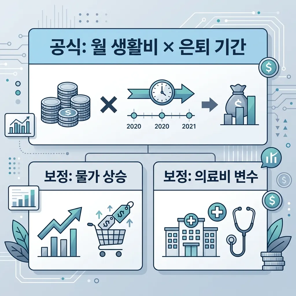 월 생활비와 은퇴 기간을 곱해 필요 노후 자금을 구하는 은퇴 자금 계산 공식 도식