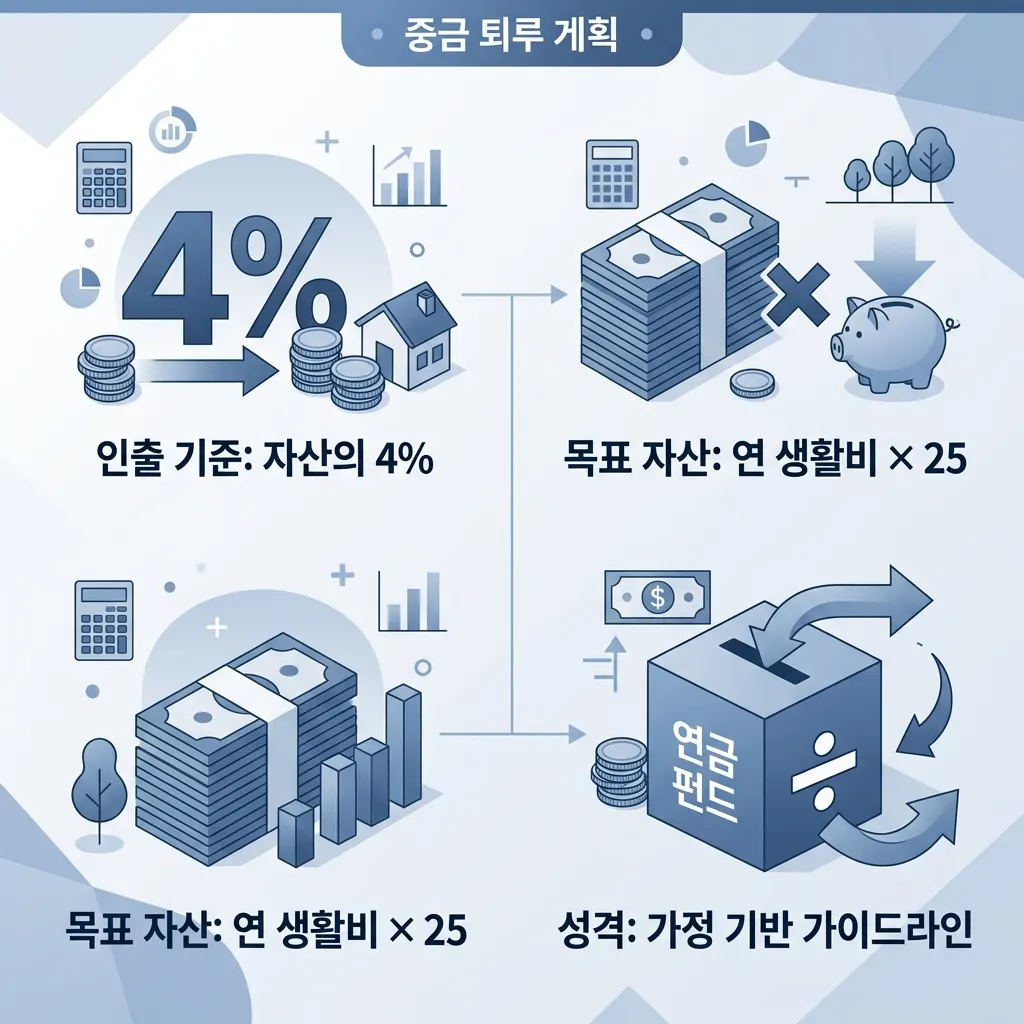 모은 자산의 4퍼센트를 연 인출액으로 환산하는 4퍼센트 룰 역산 개념도