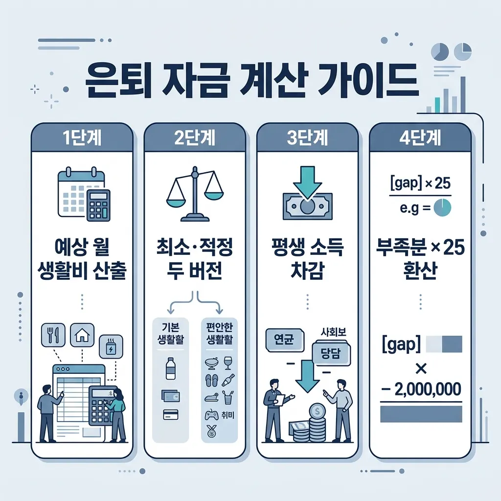 은퇴 생활비와 노후 자금을 직접 계산할 때 점검할 항목을 정리한 체크리스트 도식
