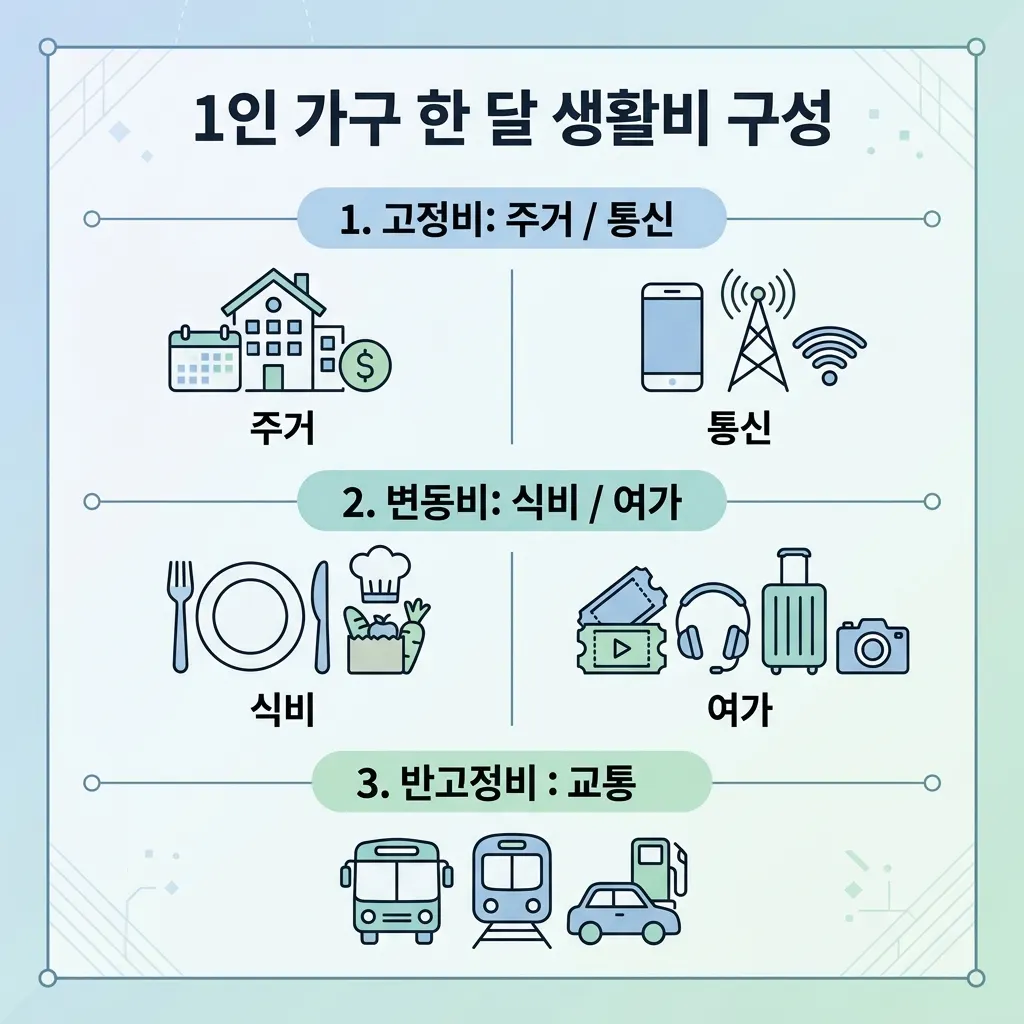 1인 가구 생활비를 고정비와 변동비로 나눈 항목별 구조도