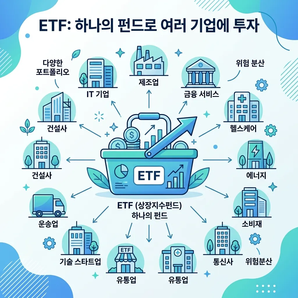 ETF 한 종목이 여러 기업에 분산 투자되는 구조를 설명하는 도식