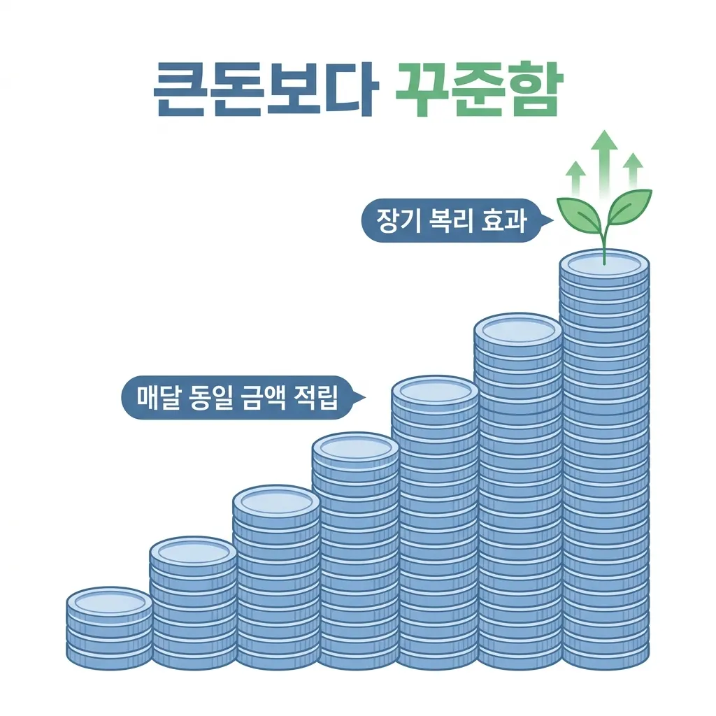 매달 같은 금액으로 ETF를 적립 매수하며 자산을 쌓아가는 장기 투자 흐름 도식