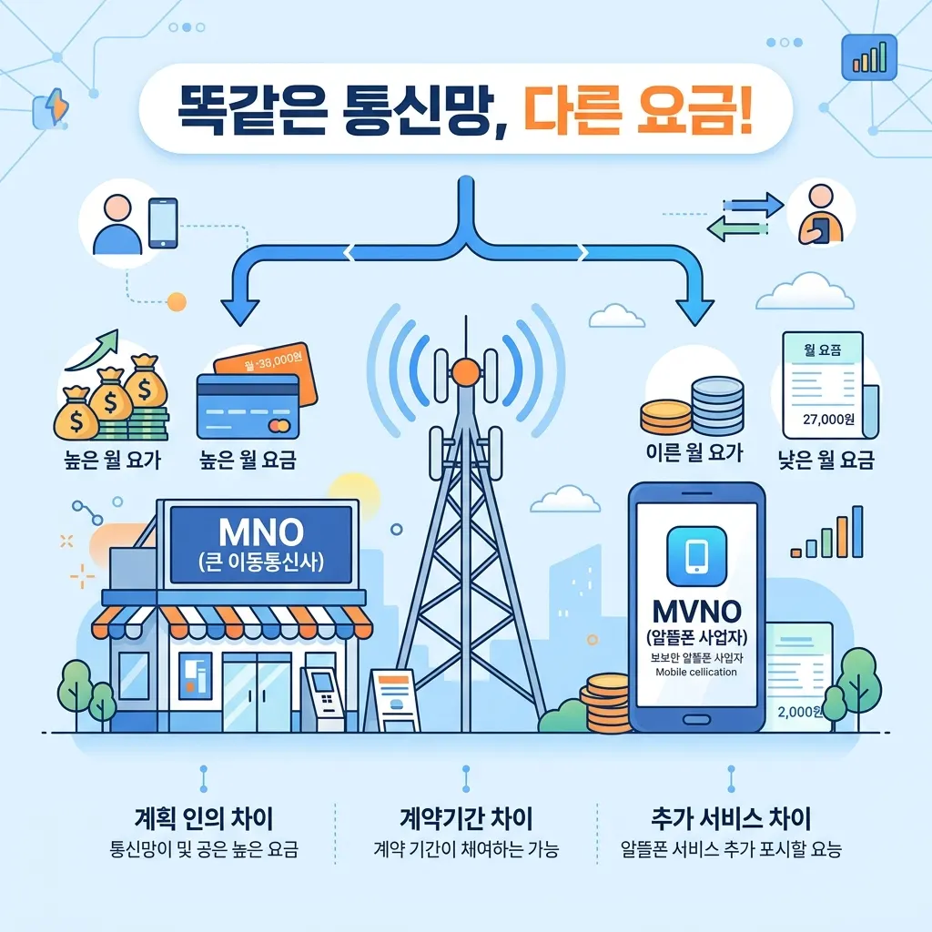 통신사(MNO)와 알뜰폰(MVNO)이 같은 통신망을 쓰지만 비용 구조가 달라 요금 차이가 나는 원리를 보여주는 도식