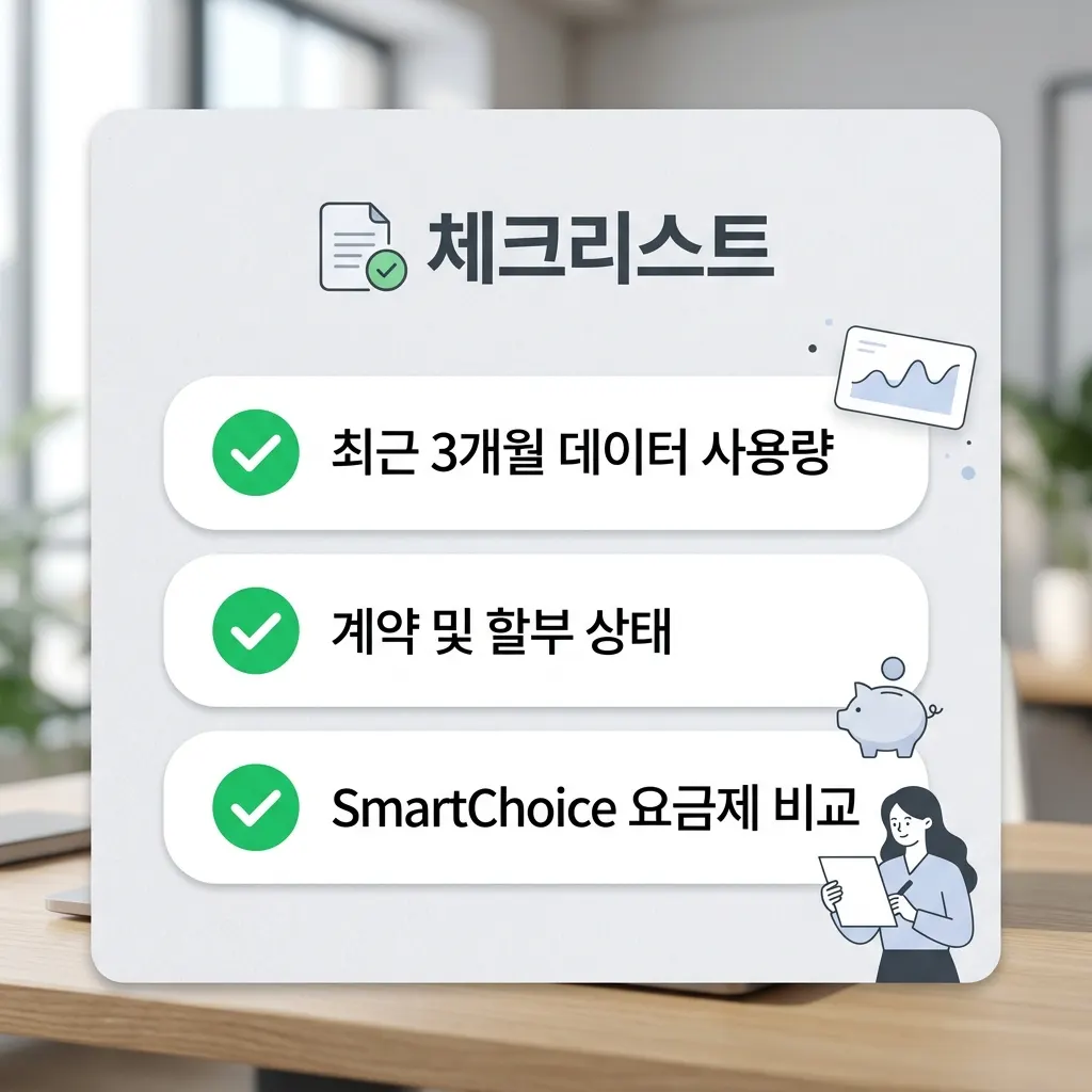 사용량 확인·요금제 비교·약정 점검 등 통신비 절약을 위한 체크리스트를 정리한 도식