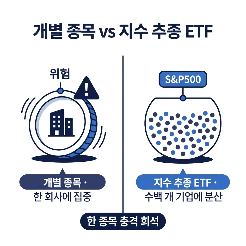 개별 종목 투자와 지수 추종 ETF 투자의 분산 효과 차이를 비교한 도식