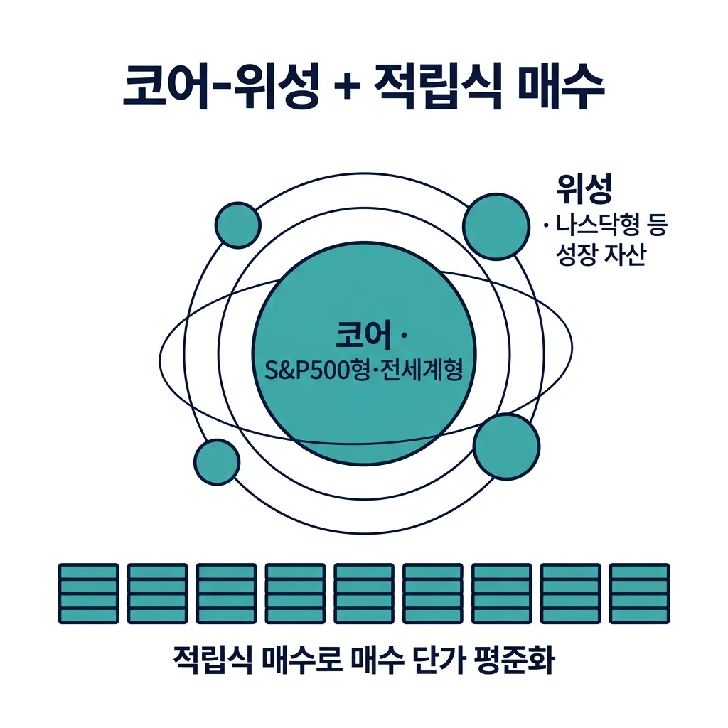 코어 자산과 위성 자산으로 미국 ETF 포트폴리오를 구성하는 코어-위성 전략 도식