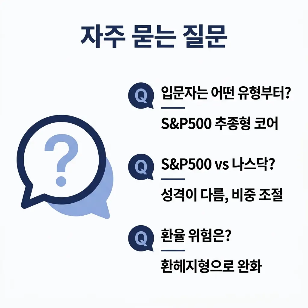 미국 ETF 추천과 장기 투자에 대해 자주 묻는 질문과 핵심 답을 정리한 도식
