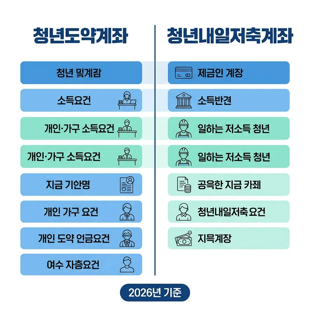청년도약계좌와 청년내일저축계좌의 자격 요건과 지원 방식 비교