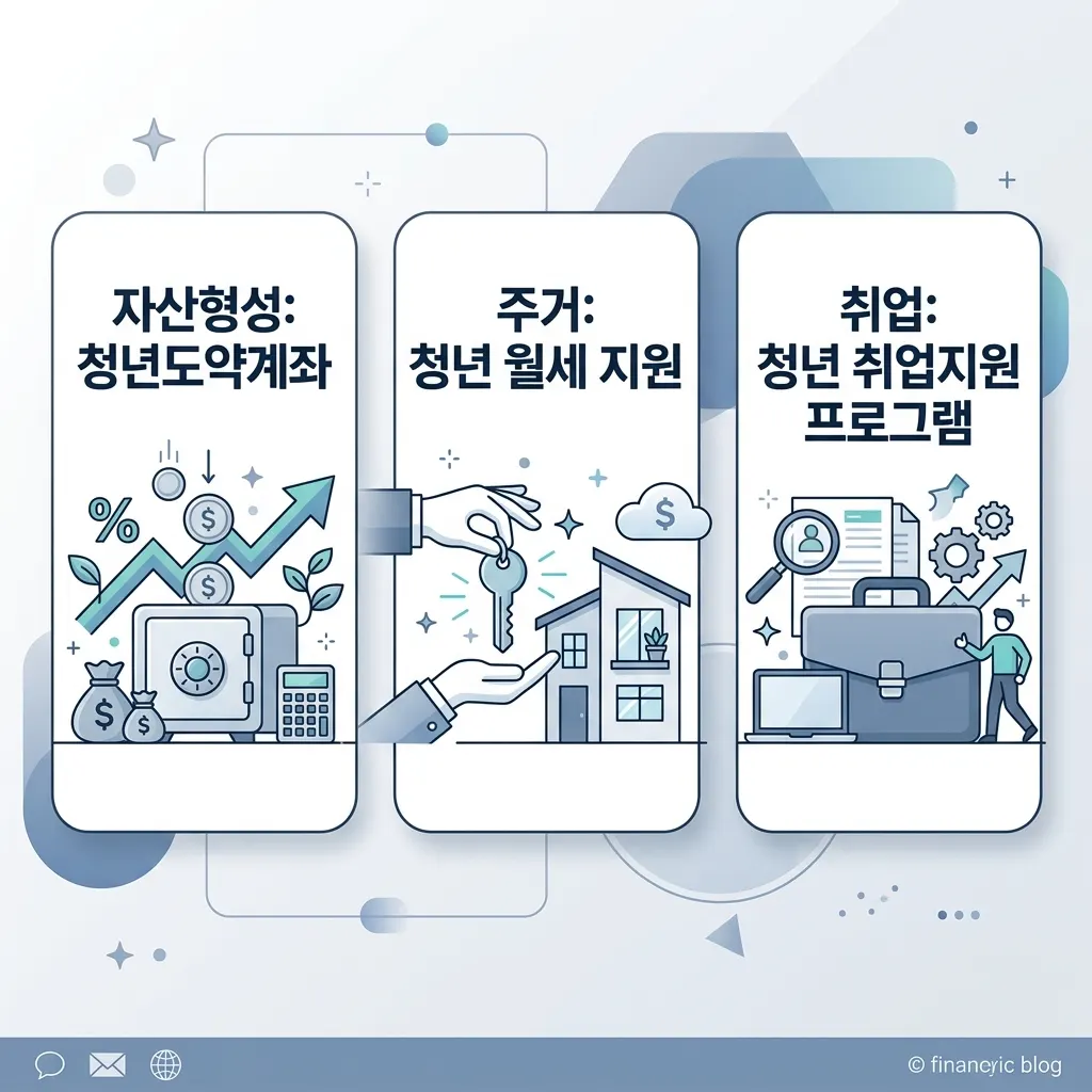 청년 지원금을 자산형성 주거 취업 세 유형으로 구분해 정리한 비교 도식