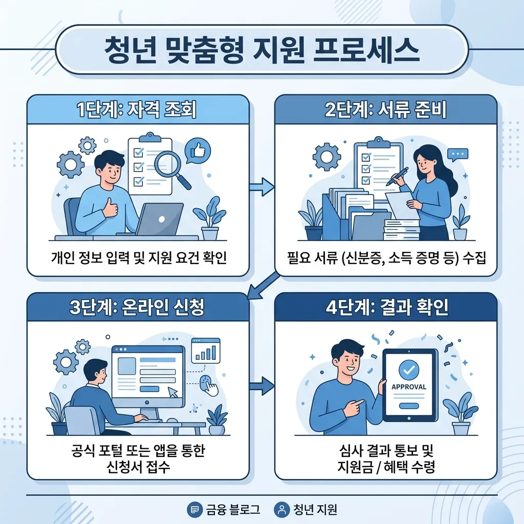 청년 지원금 신청을 자격조회 서류준비 온라인신청 결과확인 네 단계로 안내한 도식