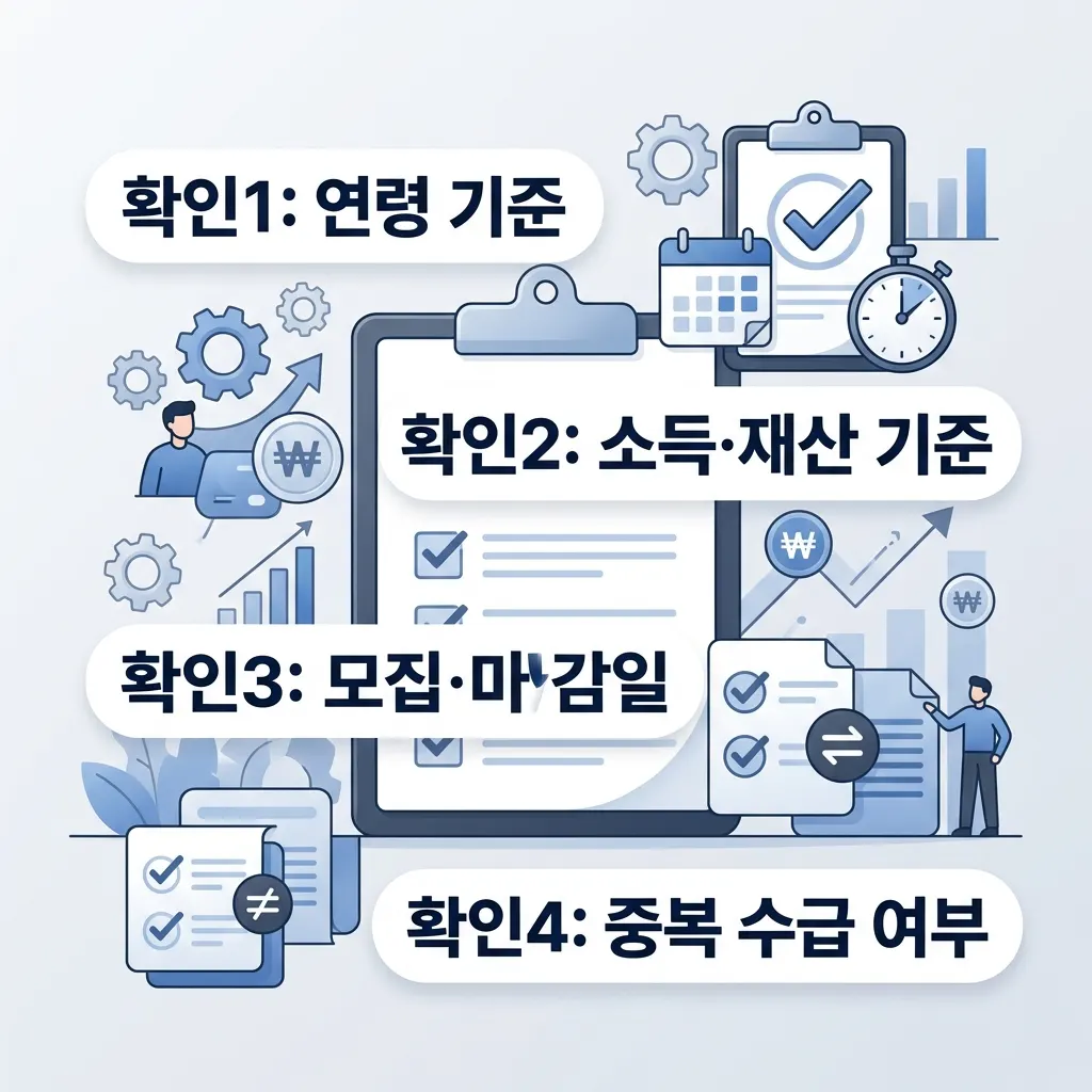 청년 지원금 신청 전 점검할 자격 서류 마감일 중복가능 여부 체크리스트 도식